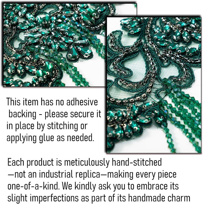 amusediy Deep Green Beaded Rhinestones Applique Embellishment for Clothes,Epaulettes Shoulder Patches Sew-on Diamond Sequin Applique for Wedding Dress DIY Accessories Belt Waist Decoration - Image 5